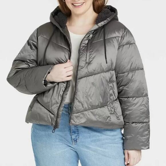 Puffer Jacket Winter Coat Short Ava Viv 4X Plus Hood Sherpa Full Zip Silver Cozy - Picture 1 of 9